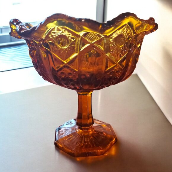 Vintage LE Smith Glass Heritage Quintec Amber Glass Pedestal Compote Candy Dish - Picture 4 of 9